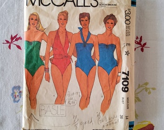 McCalls 7109 Cut Complete Vintage 80s Sewing Pattern Sexy Swimwear Maillot Strapless Halter Tie One Piece BASILE Size 14 Bust 36