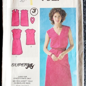 Simplicity 9521 Complete Uncut Factory Folds Vintage 80s Super Jiffy Stretch Knit Dress Tunic Sewing Pattern Only 3 Pieces Size 12 Bust 34