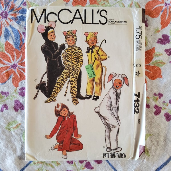 McCalls 7132 Complete Uncut Factory Folds Vintage 80s Sewing Pattern Halloween Costumes Zip Front Pajama Based Mouse Tiger Bunny More Sz 2
