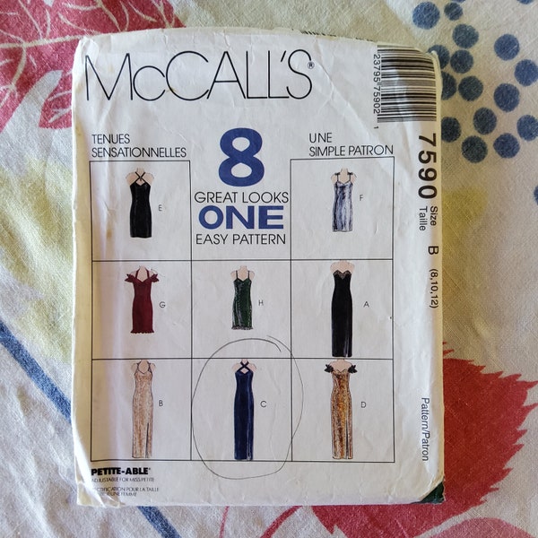 McCalls 7590 Komplett Ungeschnitten Factory Falten Vintage 90er Jahre Schnittmuster 8 Great Looks Abendkleider Kurz oder Maxi Nackte Schultern Größe 8-12