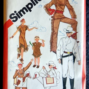 May include: A Simplicity sewing pattern for making costumes of The Lone Ranger and Tonto. The pattern includes instructions for making a white shirt, pants, and hat for The Lone Ranger, and a brown shirt, pants, and headdress for Tonto. The pattern also includes instructions for making a horse costume for a child.