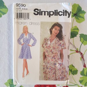 Simplicity 9590 Completo Uncut Factory Folds Vintage 90s Modello di cucito Maren Dress Femminile Romantico Cintura in tessuto Maniche a sbuffo