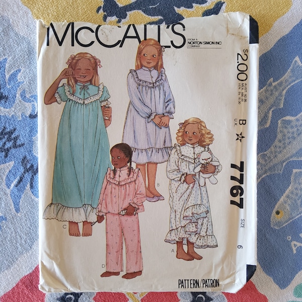 McCalls 7767 Complete Uncut Factory Folds Vintage 80s Sewing Pattern Kids Pajamas Nightgowns Yoked Lace Eyelet Trim Size 6 Chest 25