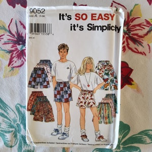 Simplicity 9052 Complete Uncut Factory Folds Vintage 90s Sewing Pattern Kids Full Cut Elastic Waist Shorts Unisex Size 7-14 Hip 27-34