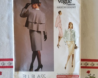 Vogue American Designer 1957 Cut Almost Complete Vintage 80s Bill Blass Sewing Pattern Careerwear Skirt Suit Cape Back Jacket Size 10 32.5