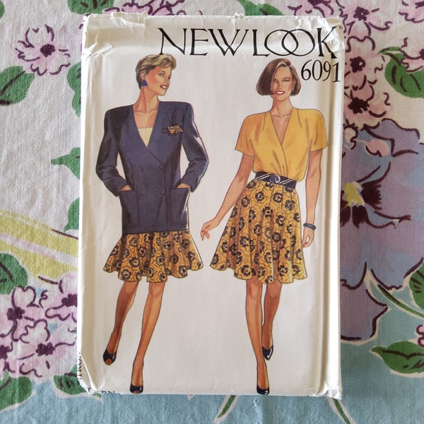 New Look 6091 Complete Uncut Factory Folds Vintage Late 80s/Early 90s Sewing Pattern Big Jacket Full Skirt Surplice Blouse Size 8-18 31.5-40