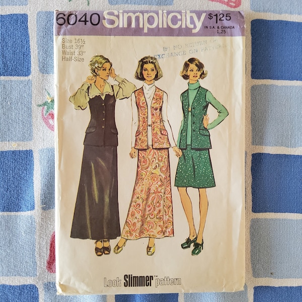 Simplicity 6040 Cut Complete Vintage 70s Sewing Pattern Long or Midi A Line Skirt With Long Vest Rarer Half Size 16.5 Bust 39 Waist 33
