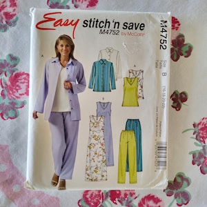 May include: A sewing pattern titled "Easy stitch'n save M4752 by McCall's." The pattern features illustrations of various outfits, including a suit, dresses, and tops. The size is B (16-18-20-22). The cover has a woman wearing a lavender suit.
