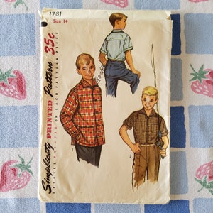 Simplicity 1781 Cut Almost Complete Vintage 50s Sewing Pattern Boys Classic Shirt or Shirt Jacket Patch Pockets Button Up Size 14 Chest 32