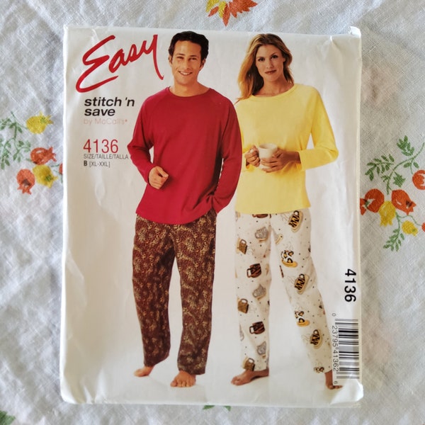 McCalls Stitch 'n Save 4136 Complete Uncut Factory Folds Vintage 2003 Sewing Pattern Unisex Sleep Lounge Knit Shirts Pants Novelty  XL-XXL