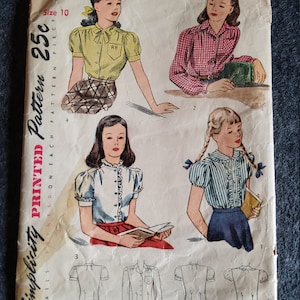 Simplicity 2001 Cut Complete Vintage 40s Blouse with Sleeve Variations Sewing Pattern Tweens