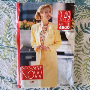 May include: A yellow blazer and skirt suit with a floral blouse. The pattern is called "see & sew now" and the price is $2.49. The size is A (6-14) and the pattern number is 4800.