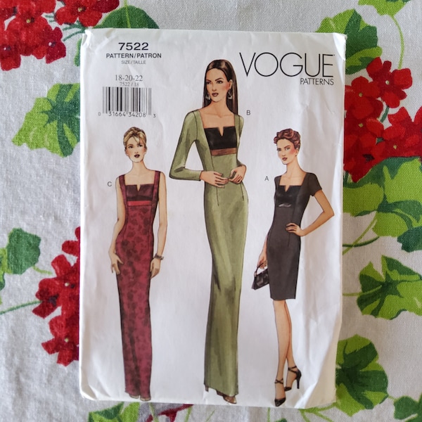 Vogue 7522 Complete Uncut Factory Folds Early 2000s Sewing Pattern Full Length Formal Gown Inset Bodice Multiple Sizes Available