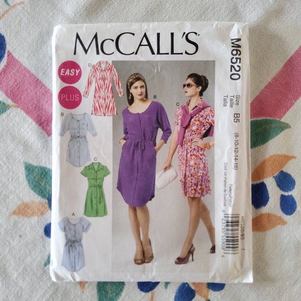 McCalls 6520 Complete Uncut Factory Folds Sewing Pattern Easy Shirtdress Midi Length Collared or Scoop Neck Size 8-16 Bust 31.5 -38