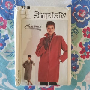 Simplicity 7748 Complete Uncut Factory Folds Vintage 80s Sewing Pattern Connoissuer Full or Hip Lenght Overcoat Pop That Collar Size 8 31.5