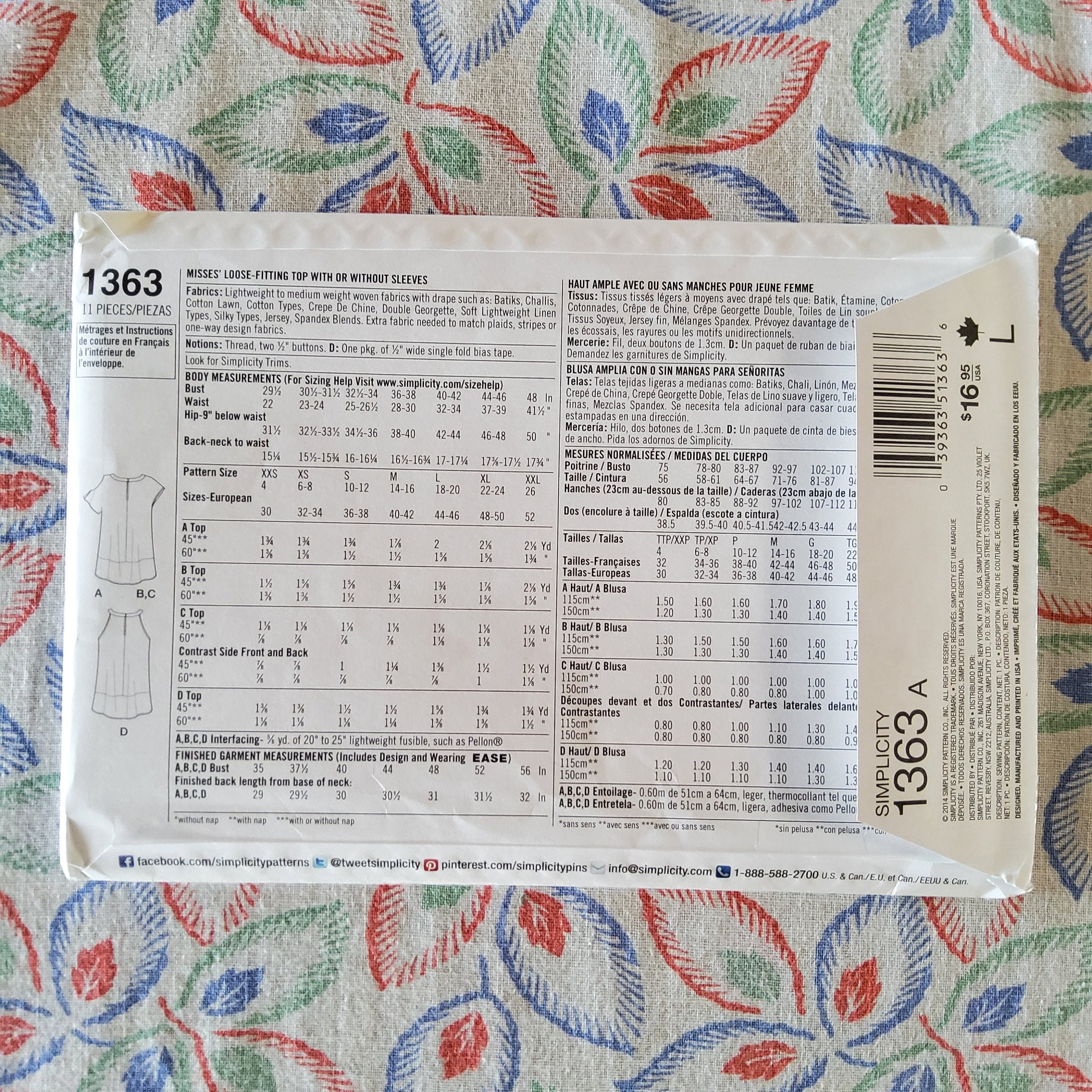 トップス archive layerd cut-sew Simplicity 1363 Complete Uncut Factory Folds Sewing Pattern
