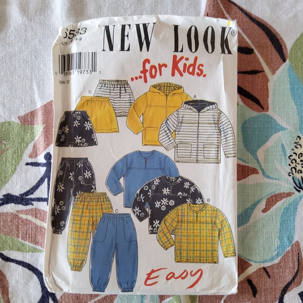 New Look 6583 Complete Uncut Factory Folds Vintage 90s Sewing Pattern Kids Knit Activewear Skirt Hoodie Shirt Sweatpants Sz 4-9 Chest 22-27