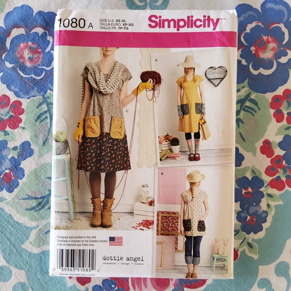 Simplicity 1080 Complete Uncut Factory Folds Sewing Pattern Holly Hobbie Style Cottagecore Maker's Dress or Tunic Patchwork  Pockets XS-XL