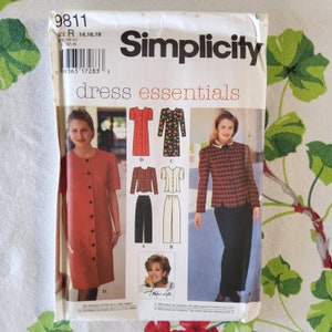 May include: Simplicity pattern 9811 for dress essentials. The pattern includes four different styles: a red dress with buttons, a floral print dress, a plaid jacket with a skirt, and a white blouse with pants. The pattern is for sizes 14, 16, and 18.