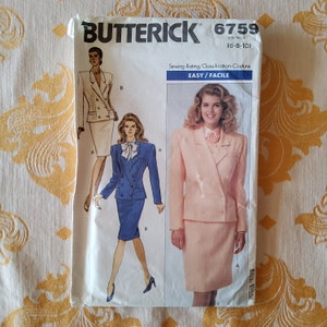 Butterick 6759 Complete Uncut Factory Folds Vintage 80s Sewing Pattern Double Breasted Big Shoulder Pencil Skirt Suit Career  6-10 30.5-32.5
