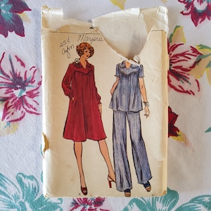 Vogue 9088 Complete Uncut Factory Folds Vintage 80s Sewing Pattern Maternity Dress or Pantsuit Yoke Bodice Puff Sleeves Wide Leg Pants 12 34
