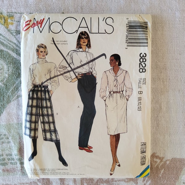 McCalls 3828 Complete Uncut Factory Folds Vintage 80s Sewing Pattern Straight Skirt Pleated Pants or GAUCHOS BABEEE! Size 8-12 Waist 24-26.5