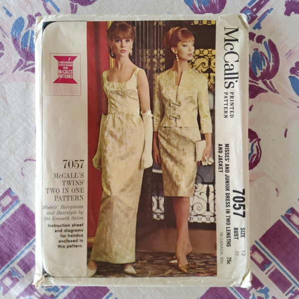 McCalls 7057 Cut Complete Vintage 60s Sewing Pattern "Twins 2 in 1 Pattern" Formal Dress Set Includes Hairstyle Pamphlet Size 12 Bust 32