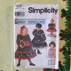 Simplicity 9436 Complete Uncut Factory Folds Sewing Pattern Daisy Kingdom Tiered Skirt Collared Dress Puff Sleeves Hood Plus Doll Dress 3-6