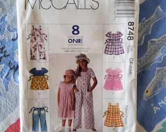 McCalls 8748 Complete Uncut Factory Folds Vintage 90s Sewing Pattern Romper Jumpsuit Pinafore Style Dress Size 4-6 Chest 23-25