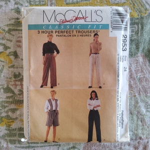 May include: A sewing pattern for McCall's 3 Hour Perfect Trousers, size 24. The pattern includes instructions for making pants with a classic fit. The pattern is illustrated with four different styles of pants.