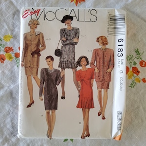 May include: A sewing pattern for four different dresses. The pattern is for sizes 20, 22, and 24. The pattern is called McCall's Easy 6183.