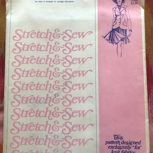 May include: A pink and white sewing pattern envelope with the text "Stretch & Sew" repeated multiple times. The pattern is for a blazer and is designed exclusively for knit fabrics by Ann Person. The pattern number is 1025.
