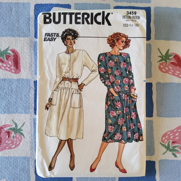 Butterick 3459 Complete Uncut Factory Folds Vintage 80s Sewing Pattern Drop Waist Full Skirt Shirt Dress Patch Pockets Belted or Loose 12-16