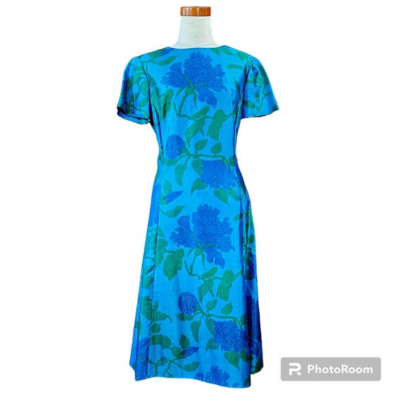 Vintage 50s 60s Pure Color Silk Dress Bottle Blue… - image 10