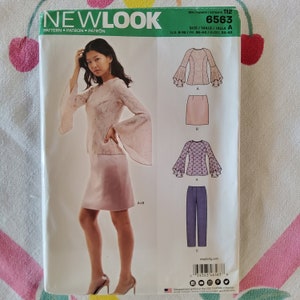 New Look 6563 Complete Uncut Factory Folds Sewing Pattern Flounce Sleeve Princess Seam Top Straight Skirt or Cigarette Pants Sz 8-18 31.5-40