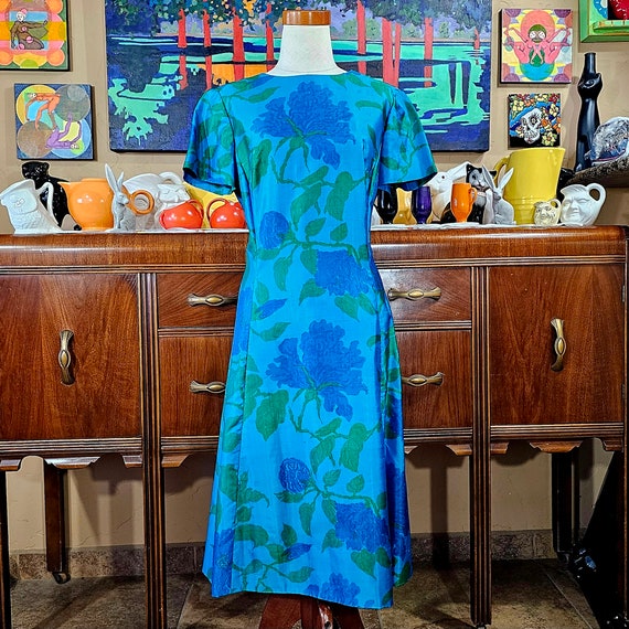 Vintage 50s 60s Pure Color Silk Dress Bottle Blue… - image 2