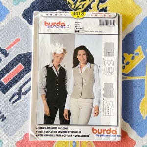 May include: A sewing pattern package for a vest, featuring images of the vest on two people. The package has the Burda Basic logo and the text "WESTE, GILET, VEST, CHALECO". The pattern includes seams and hems. The package has European sizes.