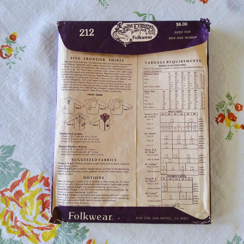 212 Pattern Folkwear 212 Complete Uncut Factory Folds Vintage 1980 Sewing Pattern ...