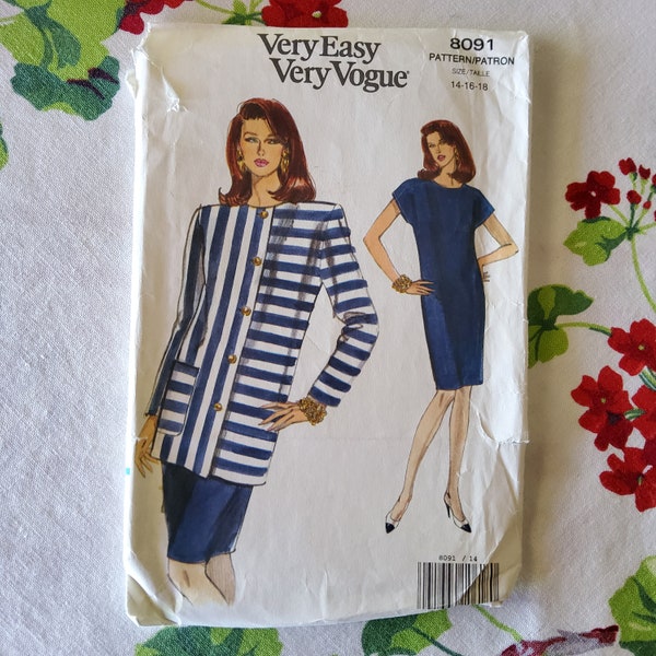 Vogue 8091 Complete Uncut Factory Folds Vintage 90s Sewing Pattern Shift Style Dress and Huge Linebacker Shoulders Suit Jacket Size 14-18