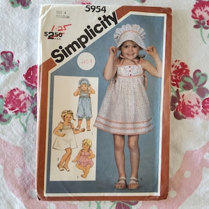 Simplicity 5954 Complete Uncut Factory Folds Vintage 80s Sewing Pattern Prairie Style Sundress Romper and Bonnet Size 4T Chest 23