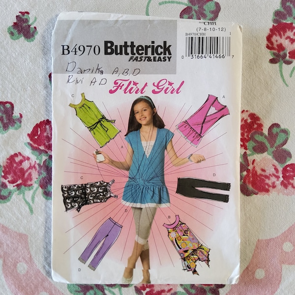 Butterick Flirt Girl 4970 Complete Uncut Factory Folds Sewing Pattern Tween Teen Tunic Top Dress Leggings Size 7-12 Chest 26-30
