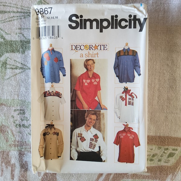 Simplicity 9867 Complete Uncut Factory Folds Vintage 90s Sewing Pattern Decorate a Button Up Shirt Seasonal Embellishment Size 12-16 34-38