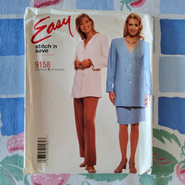 McCalls Easy Stitch 'n Save 9158 Complete Uncut Factory Folds Vintage 90s Sewing Pattern Collarless Jacket Skirt or Pantsuit Sz 16-22 38-44