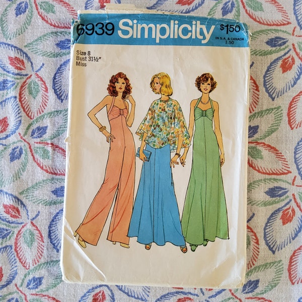 Simplicity 6939 *Only* Poncho Cut The Rest Factory Folds Vintage 70s Sewing Pattern Halter Top Jumpsuit or Maxi Dress Size 8 Bust 31.5