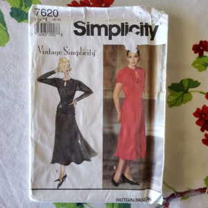 Simplicity 7620 Complete Uncut Factory Folds Vintage 90s Sewing Pattern Retro 30s/40s Dress Set Keyhole Neckline Size 6-10 Bust 30.5-32.5