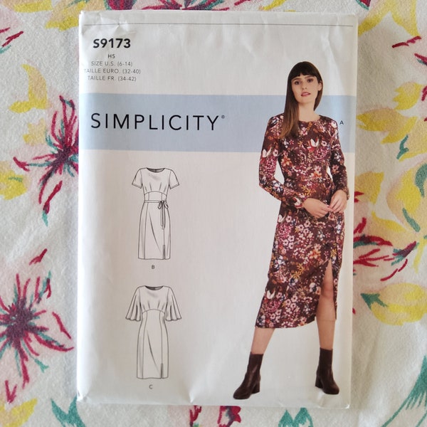 Simplicity 9173 Complete Uncut Factory Folds Sewing Pattern Midi Dress Shaped Empire Waist Flutter or Short Sleeves Multi Sizes Available