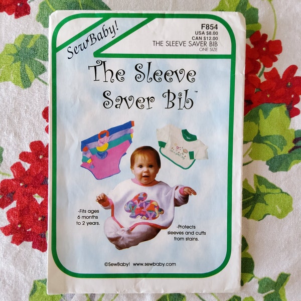 Sew Baby! F854 Cut Complete Sewing Pattern The Sleeve Saver Bib With Optional Applique Personalization Save the Sleeves! OSFM