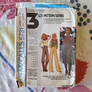 McCalls 5731 Complete Uncut Factory Folds Vintage 70s Sewing Pattern Top skirt Pants Dickey and Cuffs Top Faux Layering Size 12-16 34-38