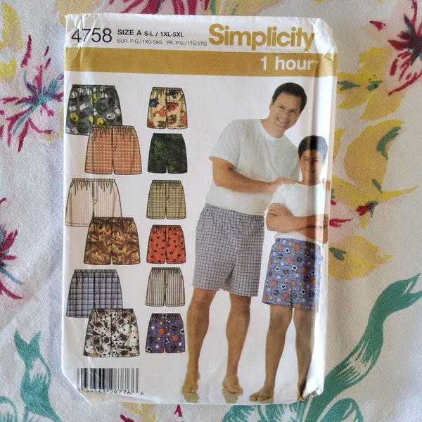 Simplicity 4758 Complete Uncut Factory Folds Sewing Pattern 1 Hour Boxer Shorts Adults and Kids Sizes Size S-L Adults Plus Size 1XL-5XL