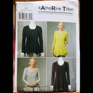 May include: A sewing pattern for a women's top with a variety of styles. The pattern includes a black top with a zip, a green top, and a brown top with white polka dots. The pattern is for sizes 8-10-12-14. The pattern is by Katherine Tilton and is a Vogue Patterns Designer Original.